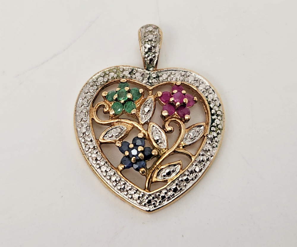 ROSS SIMONS Sterling & Vermeil Heart Pendant Rubies Emeralds Sapphires
